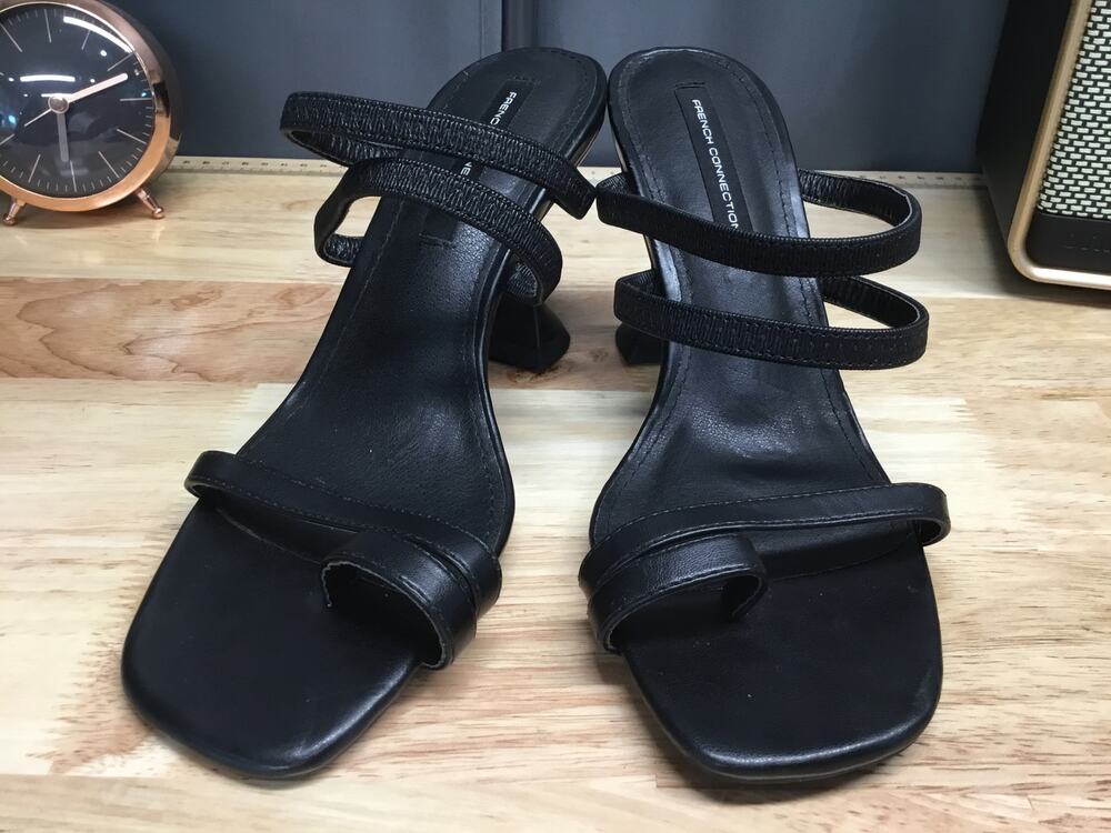 French Connection Bridge Heeled Sandals Women's 8 Black Leather Slip-On Preppy